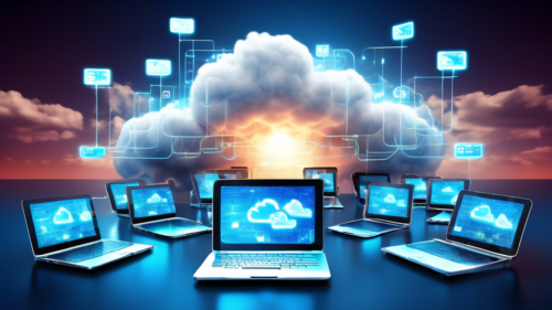 Create an image depicting various devices like laptops, tablets, and smartphones securely uploading data to a vibrant, futuristic cloud in the sky. The cloud should have strong, glowing shields and locks symbolizing security. Ensure the background includes a bright, clear sky and digital binary codes subtly integrated to emphasize the technological aspect.