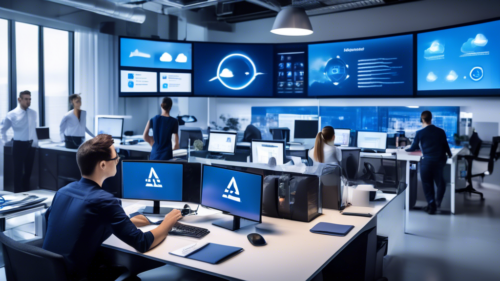 A high-tech office setting where employees are working on computers. In the background, a large digital screen displays the Acronis logo along with visual elements like cloud icons, security shields, and charts showing data backup progress. This scene highlights the efficient and secure cloud backup solutions provided by Acronis for businesses, with a prominent title Die Vorteile von Acronis Cloud Backup für Unternehmen displayed at the top of the screen.