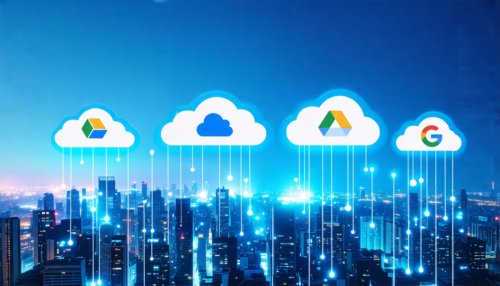 A visually appealing digital composite image showcasing various cloud storage icons (such as Dropbox, Google Drive, OneDrive, iCloud) floating above a futuristic city skyline. The skyline is lined with modern skyscrapers, symbolizing advanced technology and connectivity. Each cloud storage icon has a sleek, glowing aura, indicating their importance and utility. Include a subtle blue gradient in the background to signify the cloud aspect, and ensure the scene looks dynamic yet clean and professional.