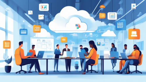 Create a detailed image of a modern office space with various employees working on laptops and tablets. Above their heads, represent cloud storage solutions with icons of popular cloud services like Google Drive, Dropbox, and OneDrive. Include visual elements such as secure data transfer, interconnected cloud networks, and a digital workflow infographic to highlight the theme of 'best cloud storage solutions for businesses'.