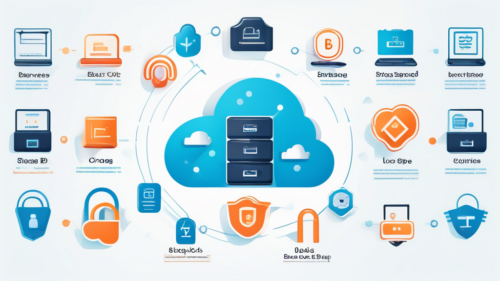 Create an image showing a comparison chart of the top online backup services, depicting icons of cloud storage, laptops, and secure locks. Each service is represented with distinct branding colors and logos, illustrating features like storage capacity, pricing, and security. The background should be modern and tech-oriented, with subtle digital elements like binary code and network connections.