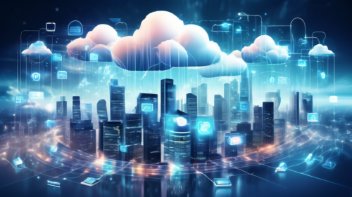 Create an image illustrating the concept of cloud backup and recovery, featuring a futuristic city skyline with digital data streams flowing from buildings into the clouds above. Include holographic icons representing security, data management, and storage, with a diverse group of people interacting with this technology on their personal devices. The atmosphere should convey a sense of advanced technology and secure information management.