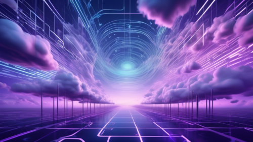 Create an image depicting a futuristic, digital landscape where data flows seamlessly between two large cloud structures in the sky. Each cloud is stylized to look like a high-tech vault, with binary codes and glowing network lines connecting them, symbolizing advanced cloud-to-cloud backup solutions. The background should be a twilight sky, with subtle hues of purple and blue, hinting at a modern and secure data protection environment.