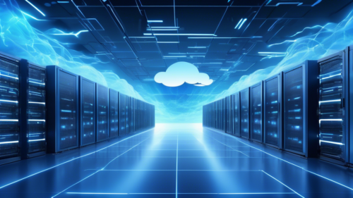 Create an image depicting a futuristic data center with large servers connected to a cloud network, labeled Barracuda Cloud Backup. The scene should showcase a sleek, secure environment with digital data flowing smoothly into the cloud. The atmosphere should convey a sense of efficiency and reliability, with a mix of cool blue and silver tones to represent technology and modernity. Include visual metaphors for security, such as digital locks or shields, subtly integrated into the design.