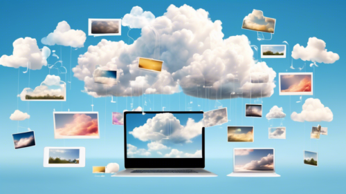 Create an image illustrating a digital cloud filled with colorful, floating photographs that represent cherished memories. The cloud is connected to various devices like a smartphone, tablet, and laptop, symbolizing the seamless accessibility of cloud photo storage. The background is a soft blue sky with gentle sunlight, conveying a sense of security and nostalgia.