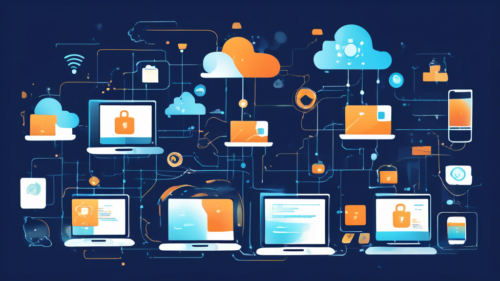 Create an image illustrating the concept of remote backup services. Visualize a digital world where data is securely stored and easily accessible from anywhere. Include abstract representations of cloud storage, cybersecurity symbols, and people seamlessly accessing their data through various devices like laptops, tablets, and smartphones. Use a modern and tech-forward color palette to convey security and efficiency.