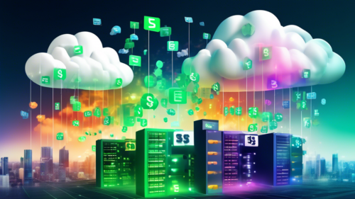 Create an image illustrating the concept of Veeam Cloud Backup pricing: visualize a digital cloud filled with colorful data files and currency symbols, such as dollar signs and euro symbols. The cloud hovers above a digital landscape featuring data center buildings and computers. Include a price tag hanging from the cloud to emphasize the pricing aspect. Use a futuristic and clean graphic design to represent a tech-focused and innovative environment.