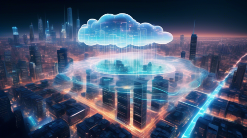 Create an image of a futuristic, digital cloud hovering above a sleek, modern cityscape. The cloud is depicted as a glowing, transparent structure filled with intricate circuits and data streams, symbolizing advanced technology. In the foreground, people are interacting with holographic devices that connect to the cloud, showcasing seamless data transfer and storage. The atmosphere is vibrant and bustling, representing a harmonious integration of technology and daily life.